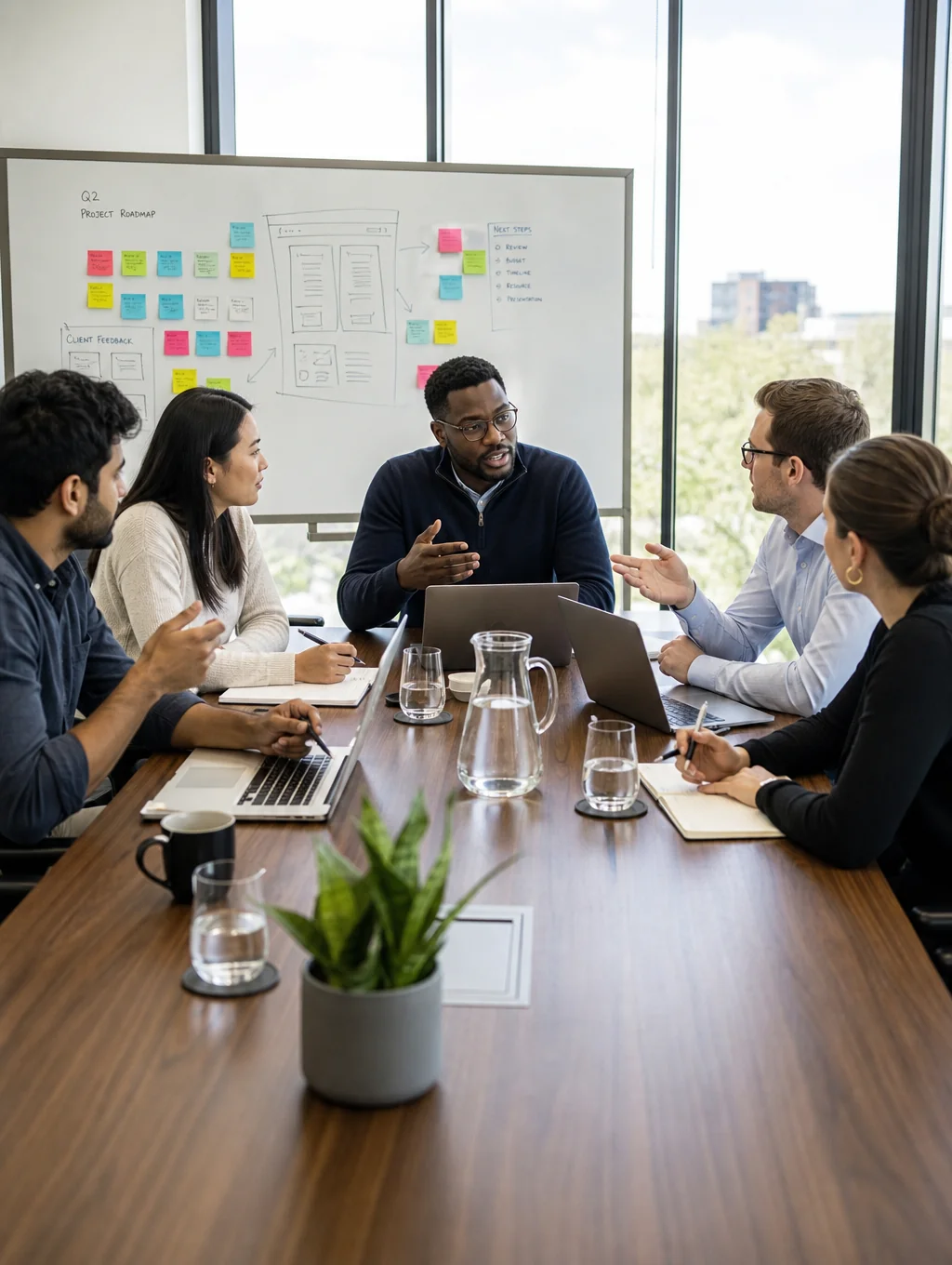 Executive professionals collaborating in a modern African business school environment