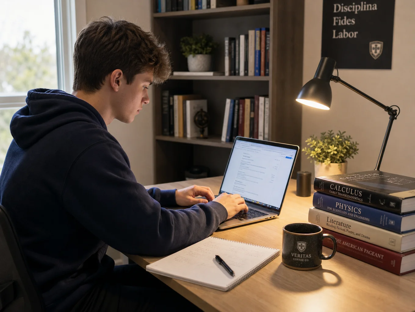 A focused student engaging with high-quality educational materials in a modern workspace