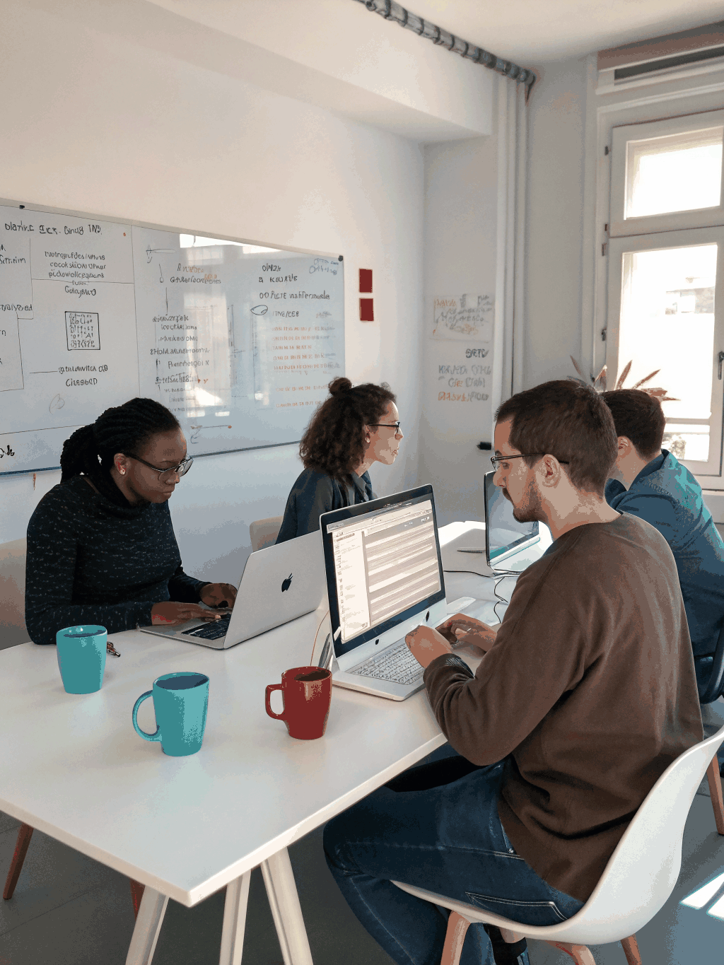 A mentor guiding a student through a complex creative project in a modern studio
